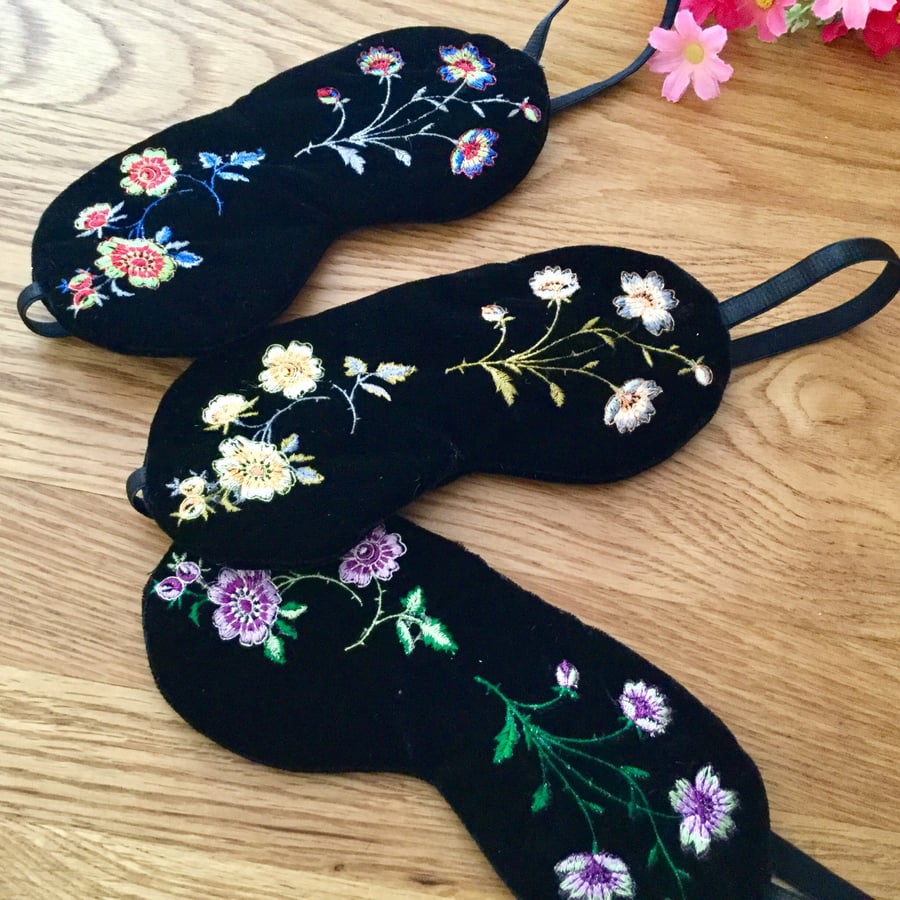 Velvet Sleepmask, with embroidered flowers