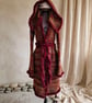 Handmade Crochet Long Hooded Cardigan Coat Autumn Brown Burgundy Faux Fur Trim