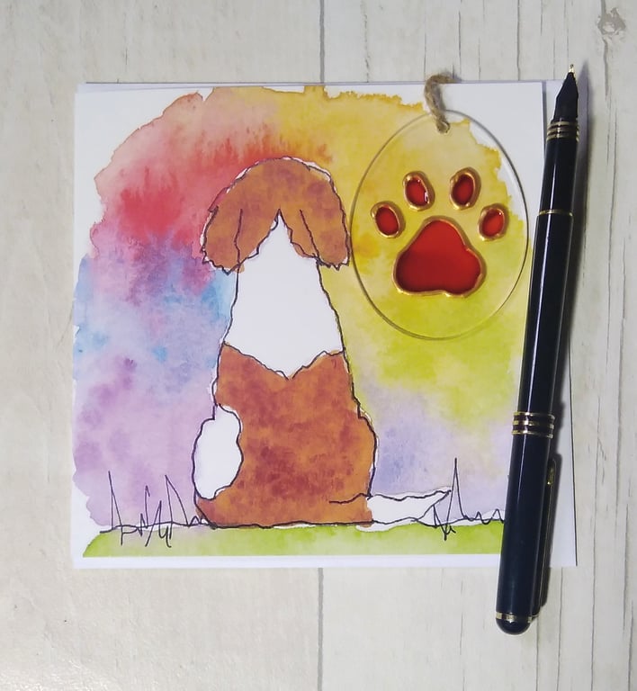 Springer Spaniel sympathy card and paw print sun catcher gift Printed card.