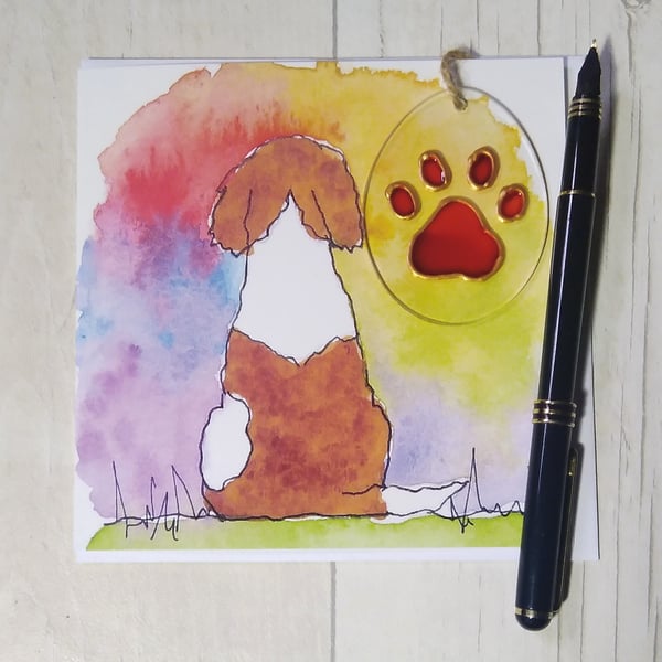 Springer Spaniel sympathy card and paw print sun catcher gift Printed card.