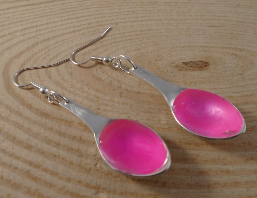 Upcycled Silver Plated Sugar Tong Spoon Pink Drop Dangle Earrings SPE101808