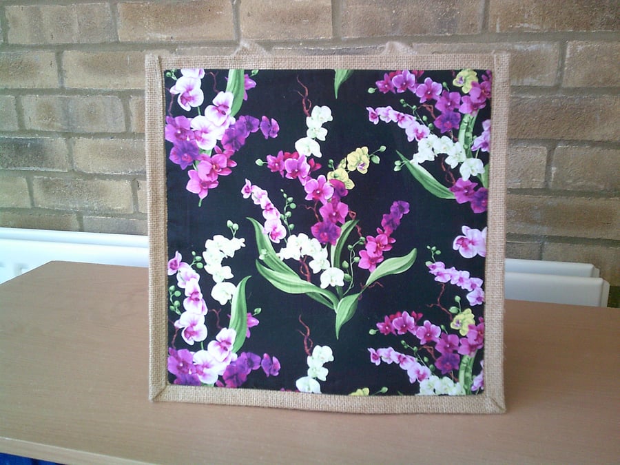 Pink, White and Yellow Orchids on Black Medium Jute Bag