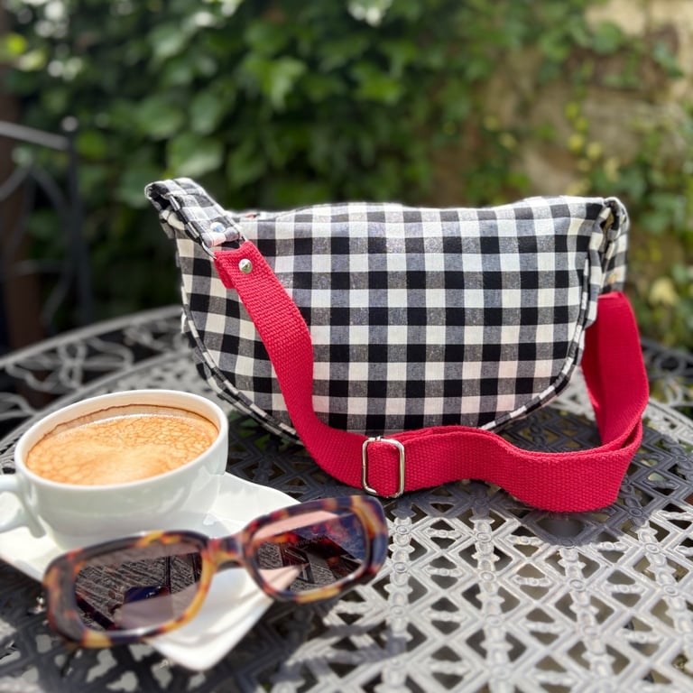 Black & White Gingham with red strap sling shape crossbody, shoulder bag 