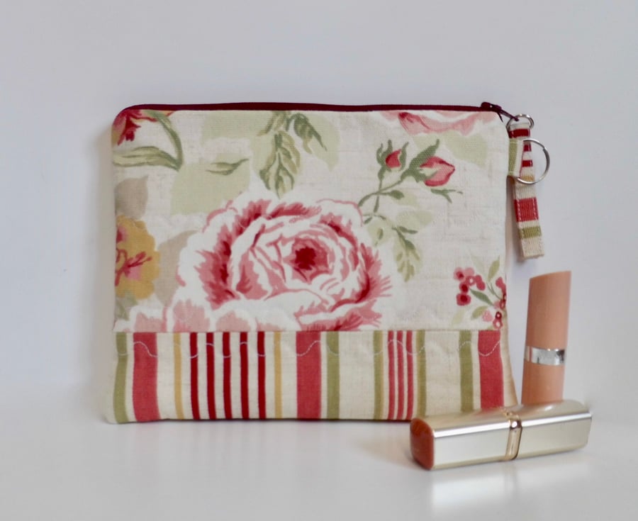 Make up bag in floral and stripes pink and green fabric large size 
