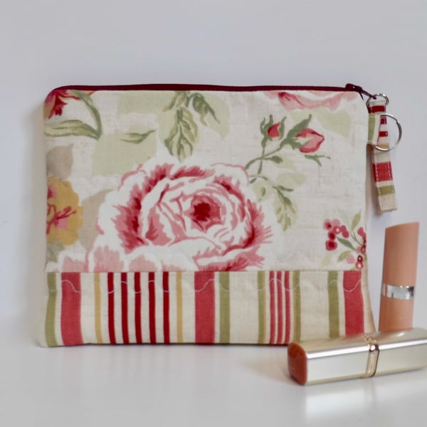 Make up bag in floral and stripes pink and green fabric large size 