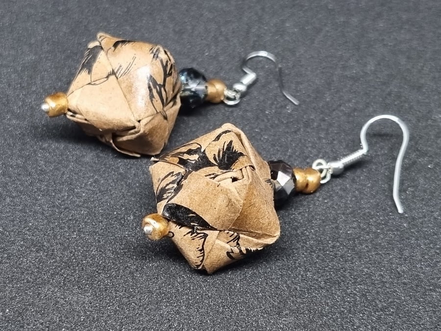 Origami earrings: brown, black paper and small beads