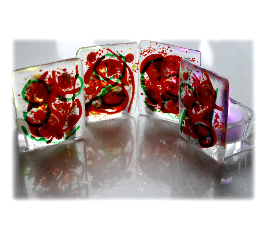 Candle Holder Fused Glass Tea-light Red Green Swirls