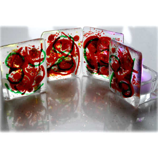 Candle Holder Fused Glass Tea-light Red Green Swirls