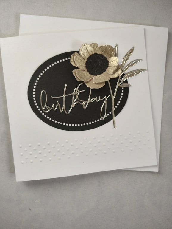 Gold, Silver and Black Woodland Flower Birthday Card 