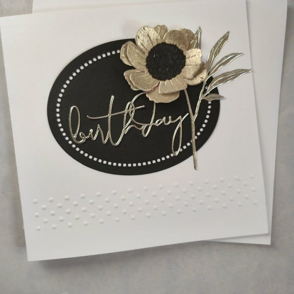 Gold, Silver and Black Woodland Flower Birthday Card 