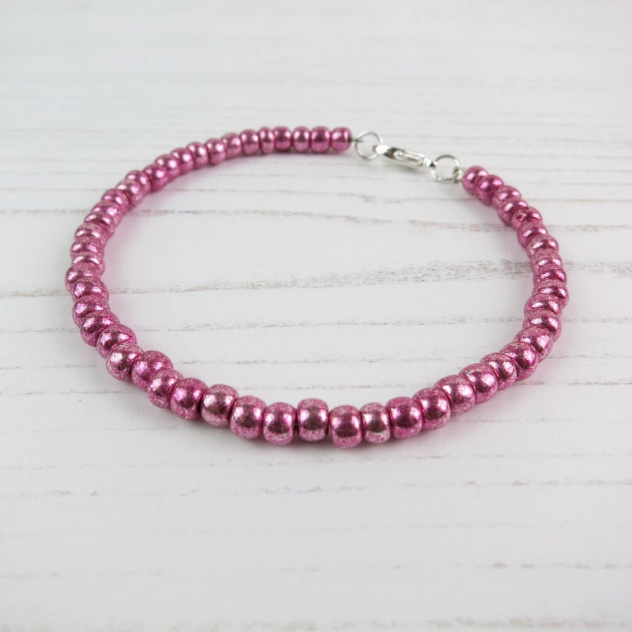 Glass Beaded Bracelet - Metallic Dark Pink