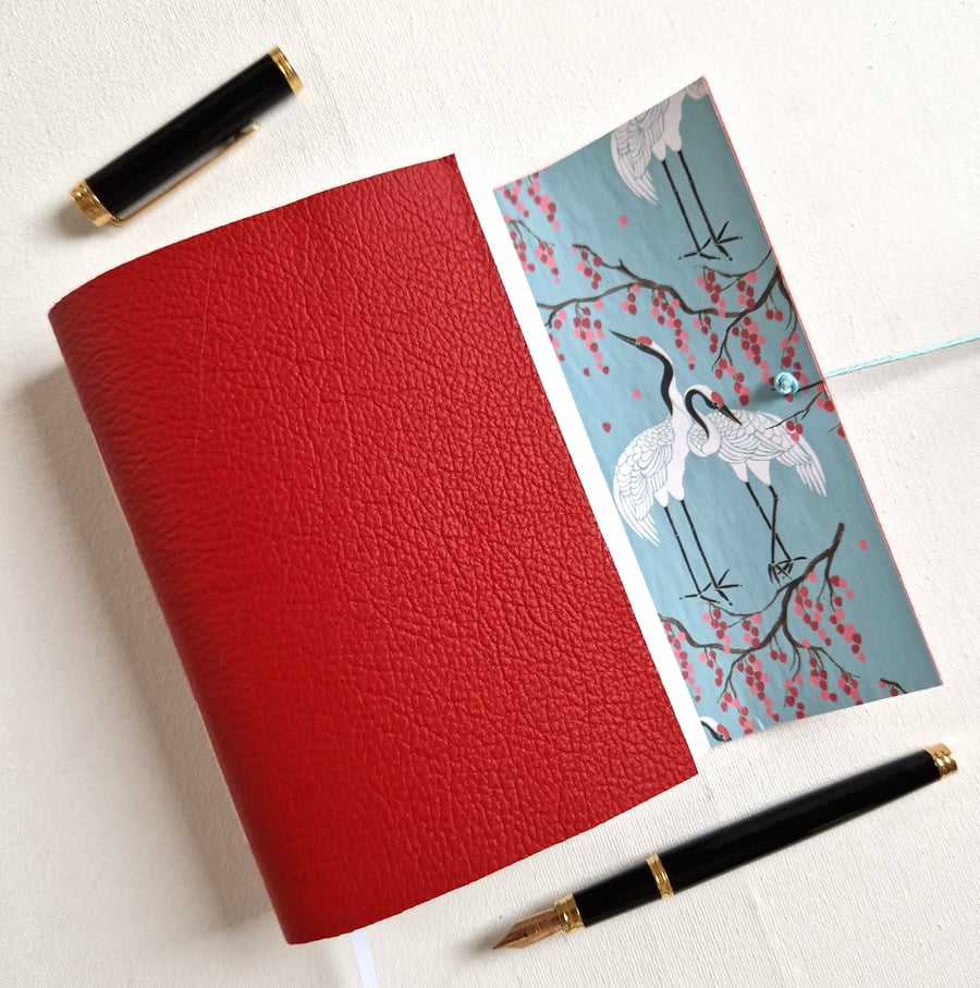 Japanese Crane Journal or Notebook, Red Leather, gift for stationery lover