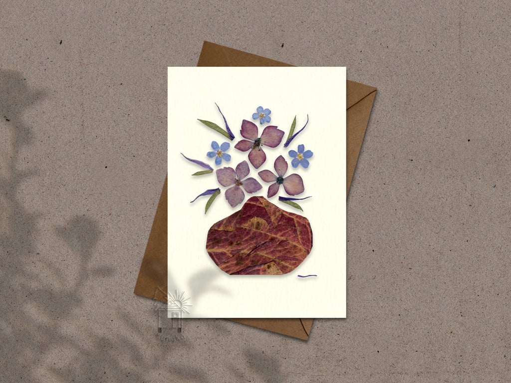 Floral Greeting card, Hydrangea pressed flower, printed, anniversary, thank you