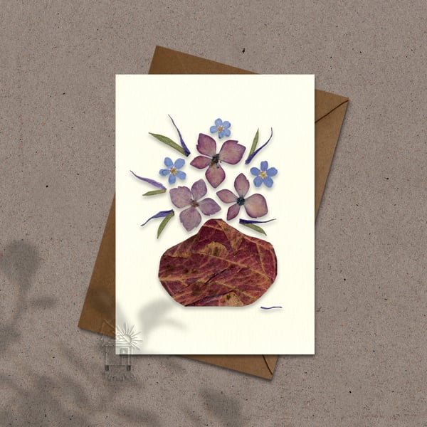 Floral Greeting card, Hydrangea pressed flower, printed, anniversary, thank you