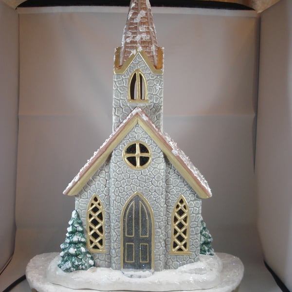 Ceramic Hand Painted Christmas Xmas Snowy Church LED Table Lamp Decoration.