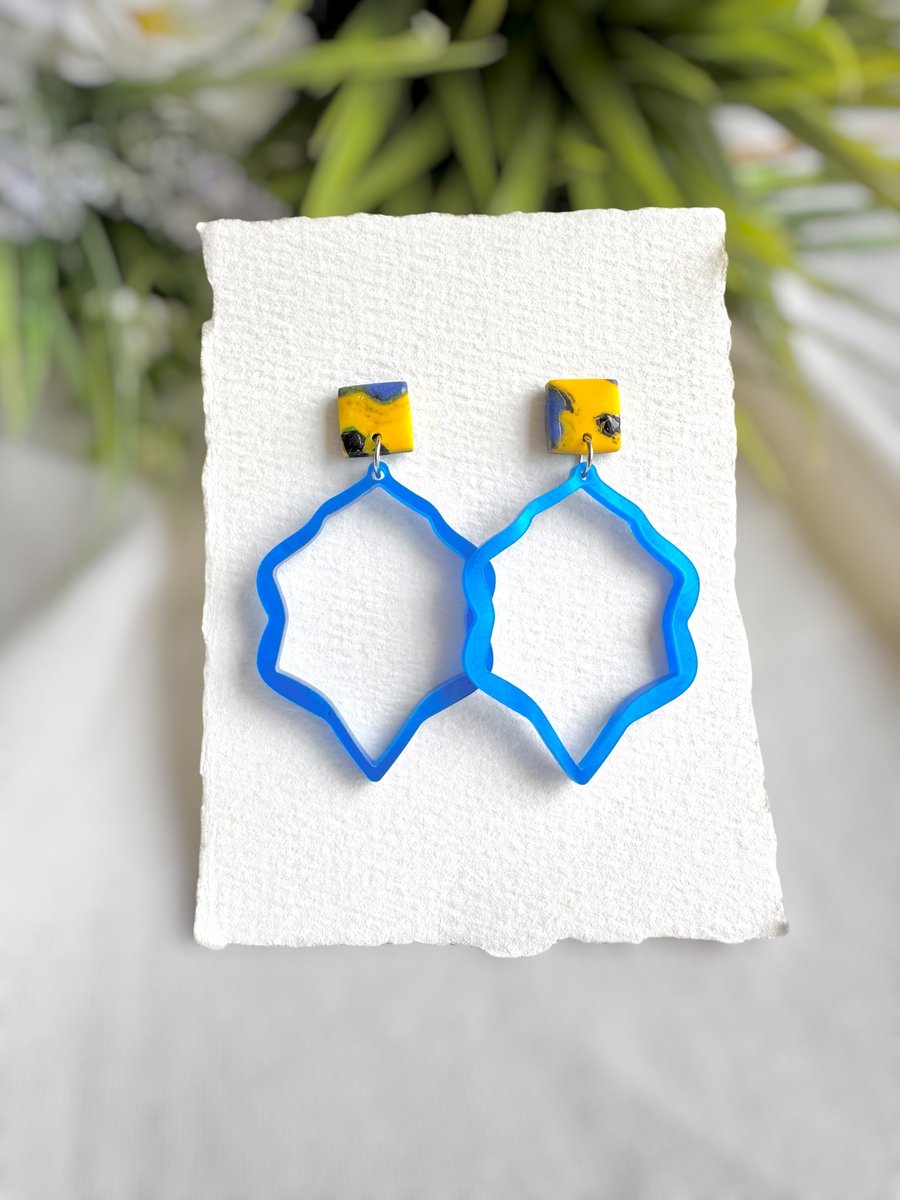 Blue Acrylic Moroccan Hoop Earrings Yellow Marbled Clay Studs