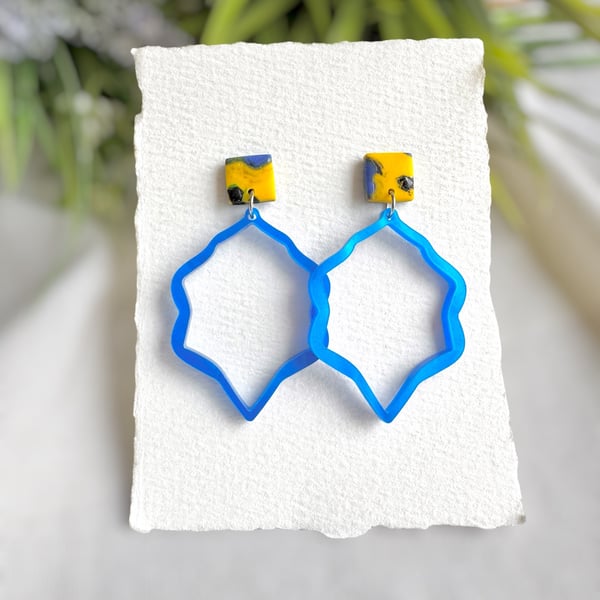 Blue Acrylic Moroccan Hoop Earrings Yellow Marbled Clay Studs