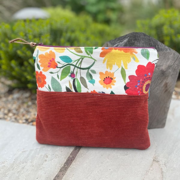 Bright flowers and corduroy book pouch zip bag clutch