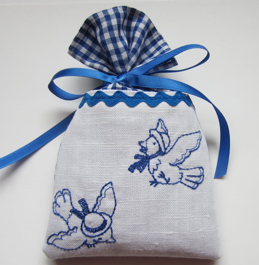 Blue Gingham Birds Lavender Sachet