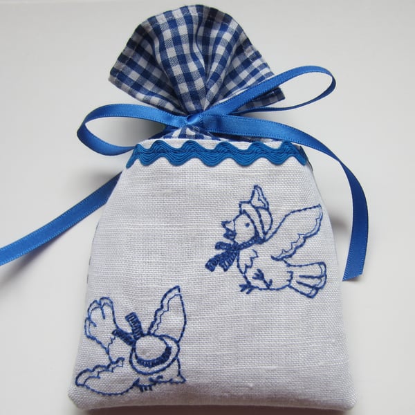 Blue Gingham Birds Lavender Sachet