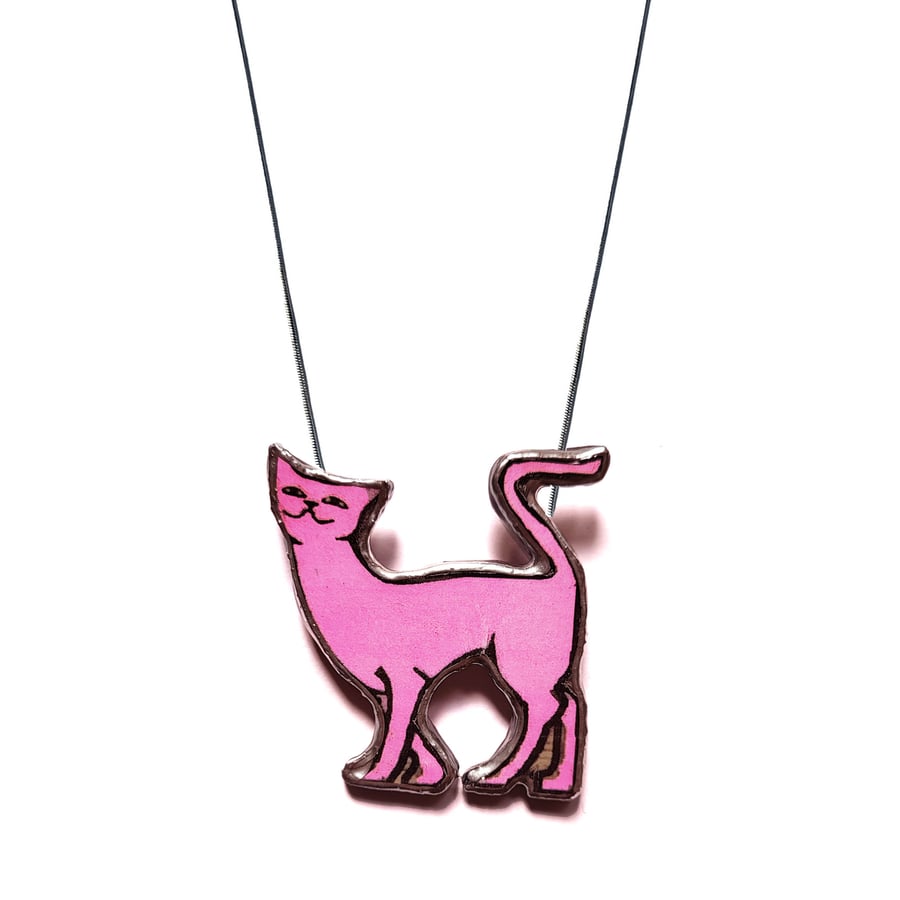 Whimsical Retro Pink Slinky Cat Necklace by EllyMental