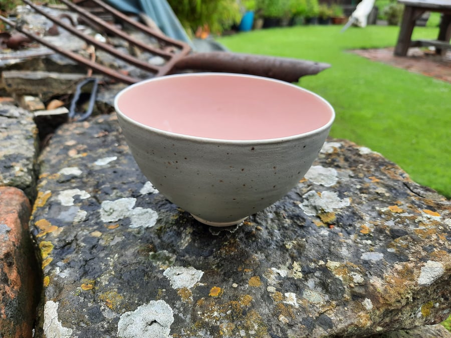 PALE PINK AND GREY HAND THROWN CEREAL BOWLS