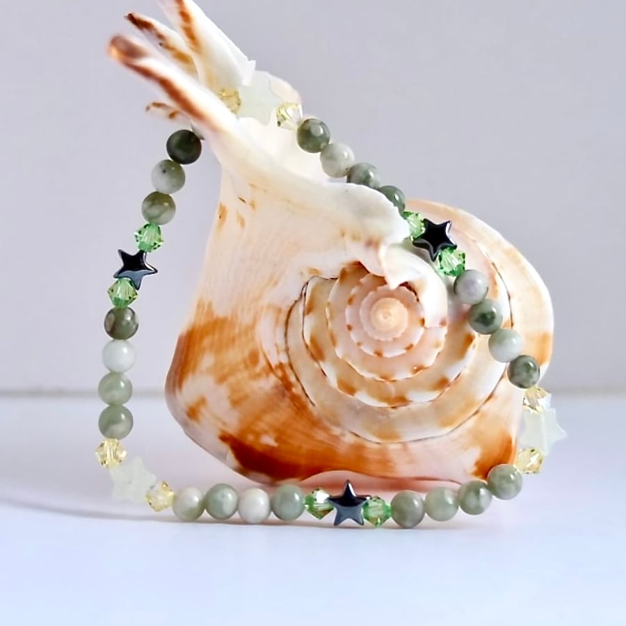 Peace Jade Bracelet With Crystals & Stars - Birthday, Anniversary, Gifts For Her