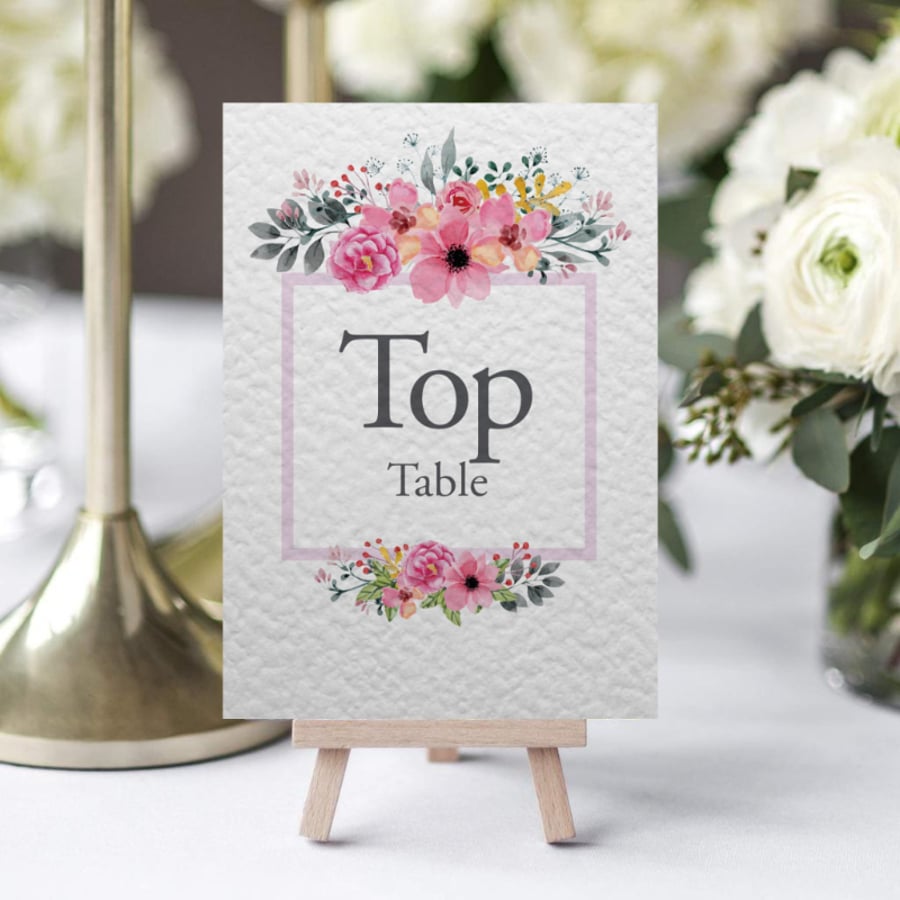 Blush pink flowers light frame wedding TABLE NUMBERS wild foliage rustic A6 card