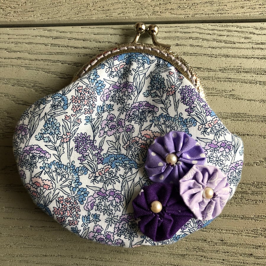 Lavender Floral Liberty Print Clasp Coin purse with Suffolk Puff Decoration