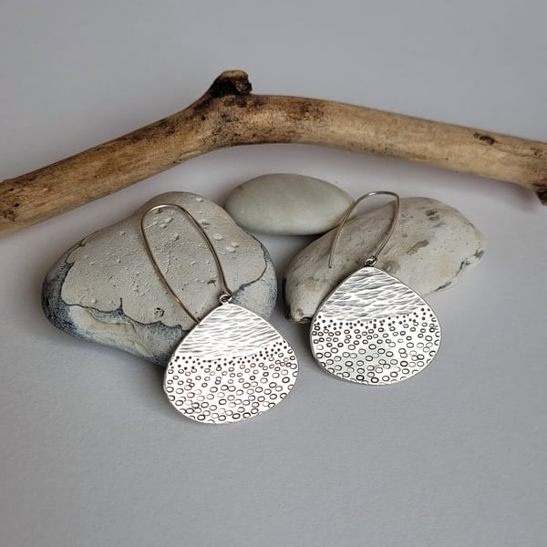 Silver Seashore Earrings, Recycled Silver Beach Scene, Large Earring