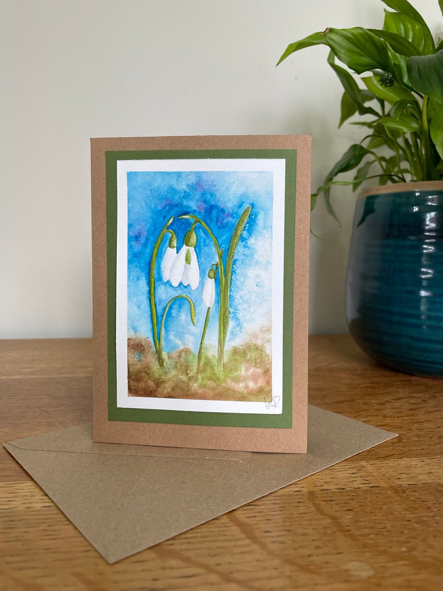 Cards, Greeting card, snowdrop flowers, blank, hand painted original, birthday. 