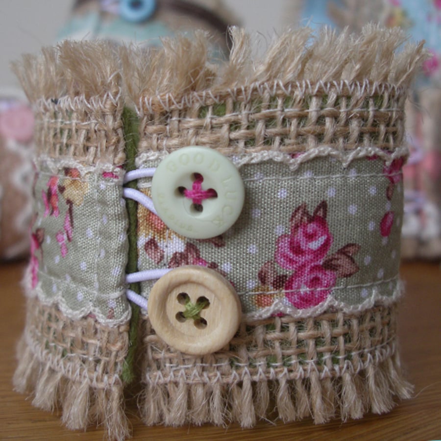 Green Rose Textile Cuff Bracelet