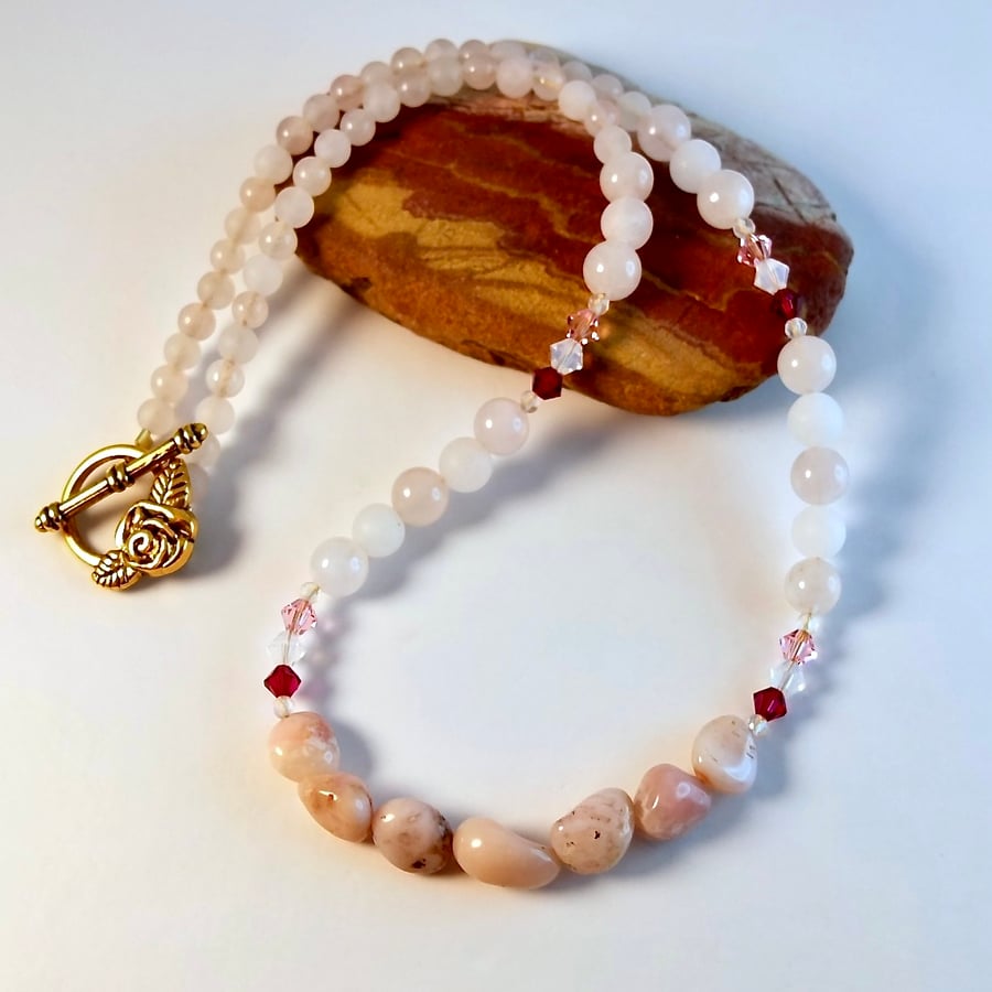 Pink Opal And Rose Quartz Necklace With Swarovski Crystals - Handmade In Devon