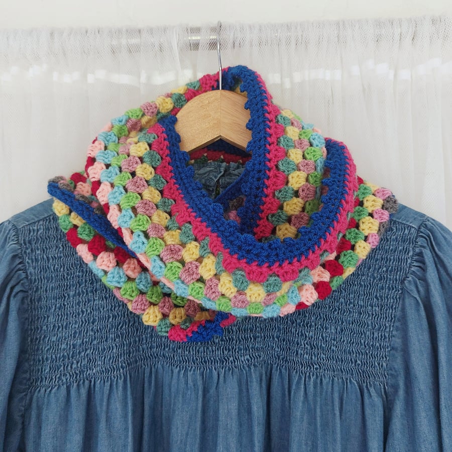  Crochet Infinity Scarf Royal Blue Trim 'Happy Scrappy'