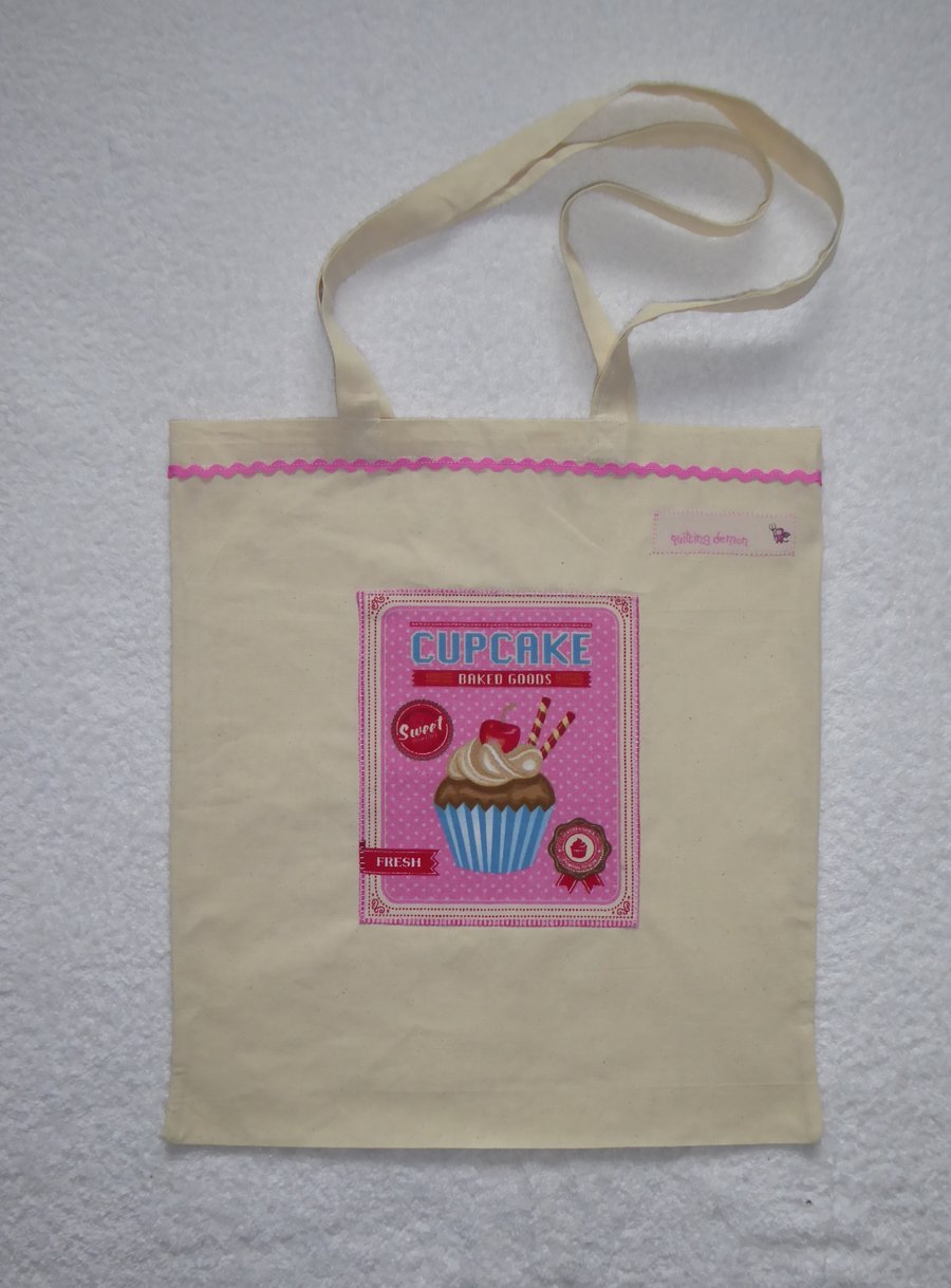 Cotton Canvas Bag with Pink Cup Cake Applique Panel.  Pink RicRac. Tote Bag