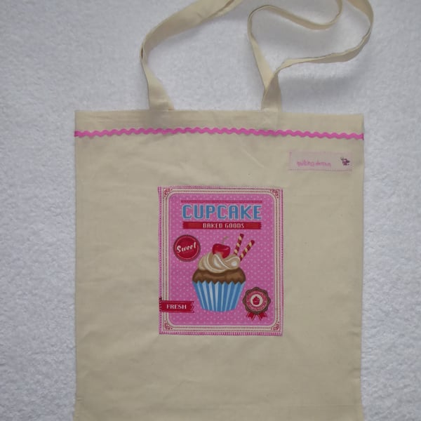 Cotton Canvas Bag with Pink Cup Cake Applique Panel.  Pink RicRac. Tote Bag