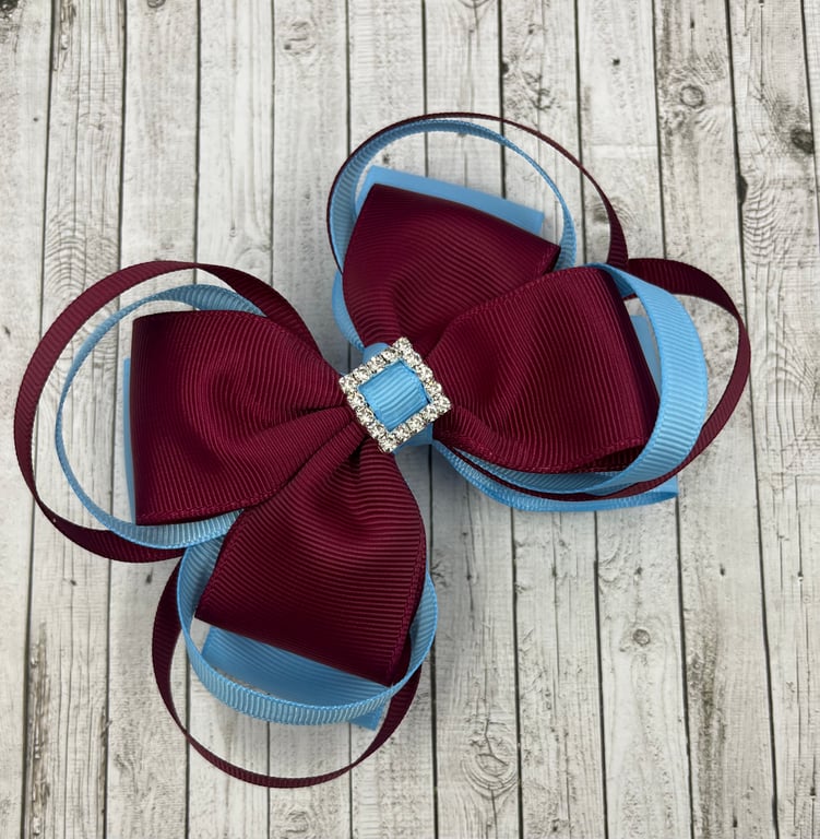 Large 5 inch Wine and Light Blue Double Layer Bow with Double Loops