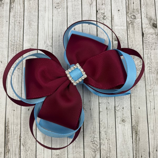 Large 5 inch Wine and Light Blue Double Layer Bow with Double Loops