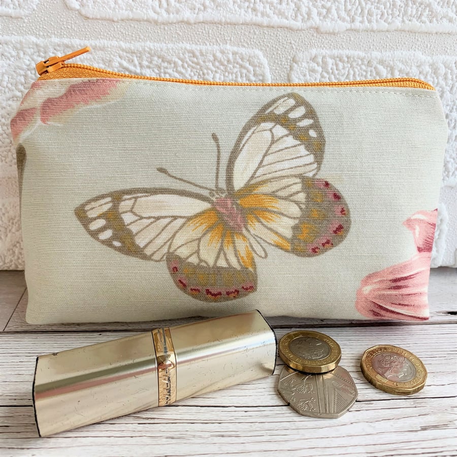 Large purse, coin purse with cream, yellow and pink butterfly