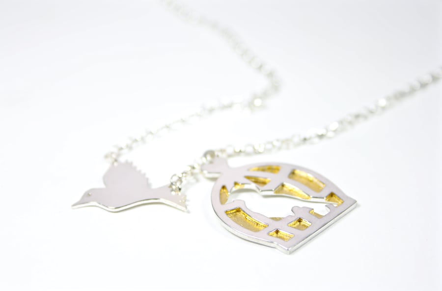 Flying Bird, Empty Birdcage Necklace Handmade Silver Necklace with Gold Leaf