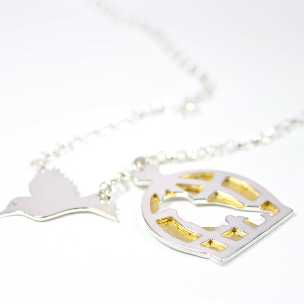 Flying Bird, Empty Birdcage Necklace Handmade Silver Necklace with Gold Leaf