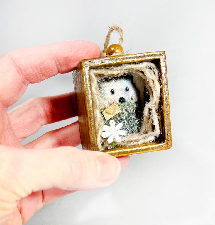 Miniature Hedgehog textile art in wooden drawer box, 3D fabric wall hanging