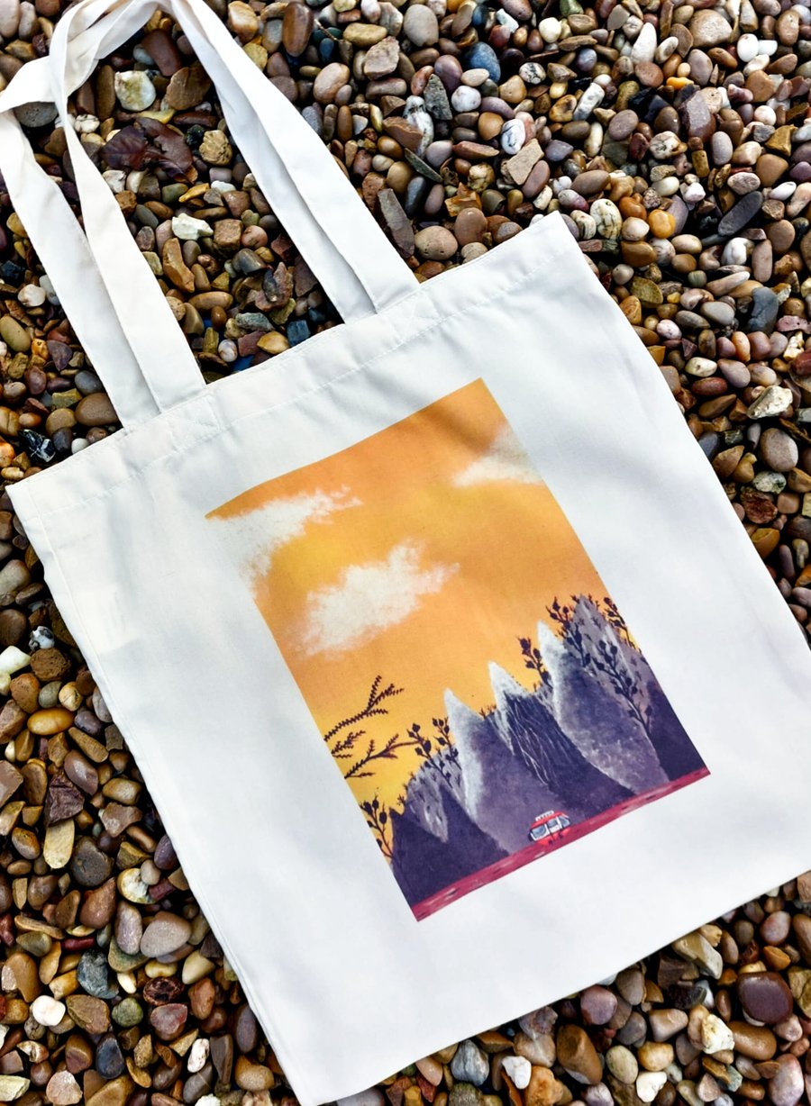 Hand designed mountain design tote bag