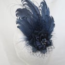 Navy Blue Regency Feather Hair Clip Headpiece – Vintage Occasion Fascinator