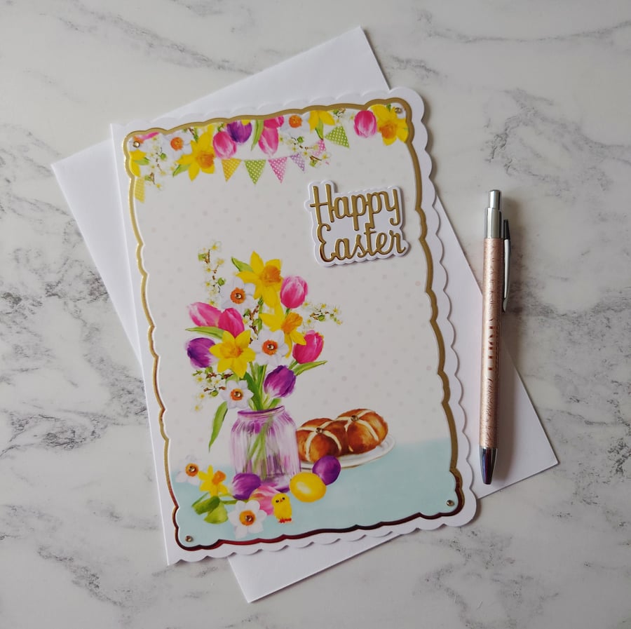 Happy Easter Hot Cross Buns Spring Flowers 3D Luxury Handmade Card