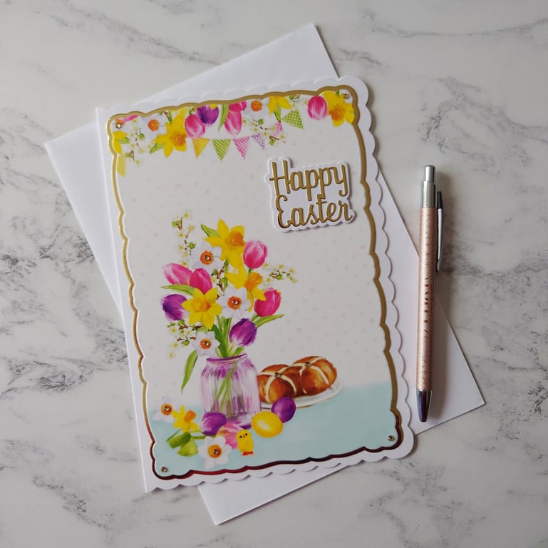 Happy Easter Hot Cross Buns Spring Flowers 3D Luxury Handmade Card