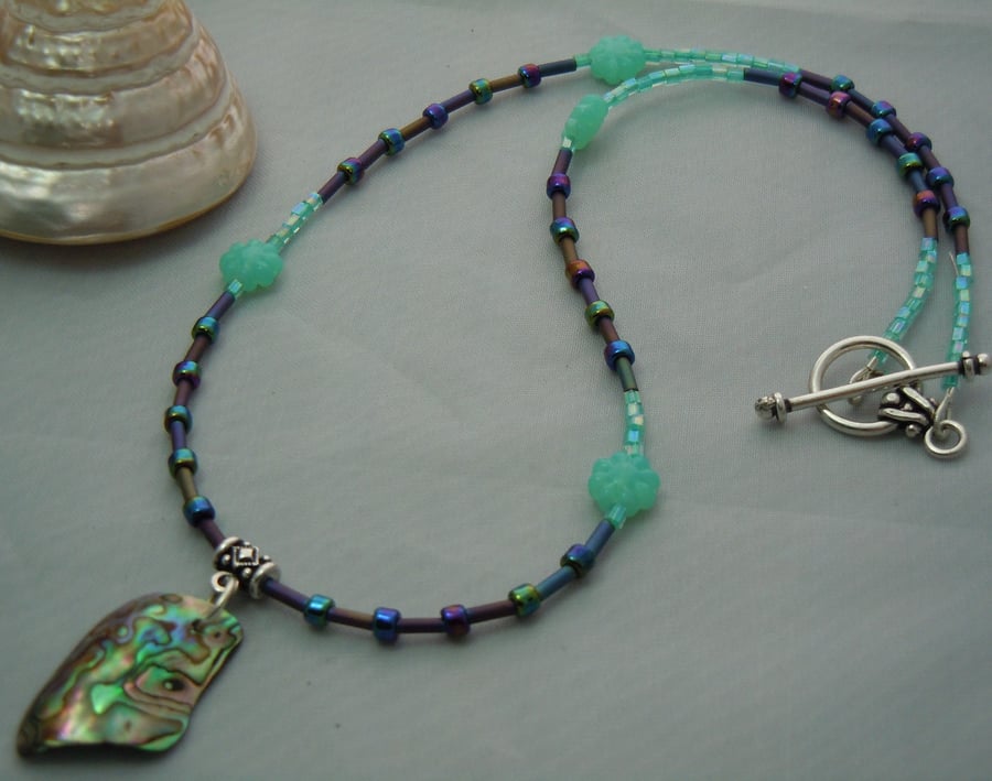 Abalone shell necklace pendant & Czech glass beads