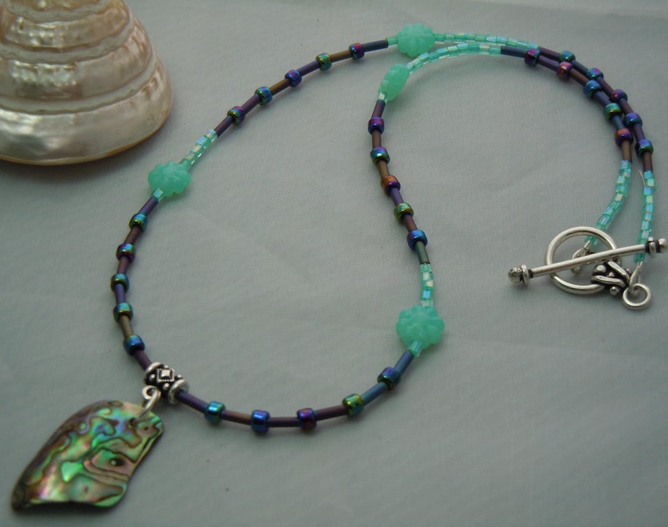 Abalone shell necklace pendant & Czech glass beads