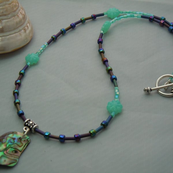 Abalone shell necklace pendant & Czech glass beads