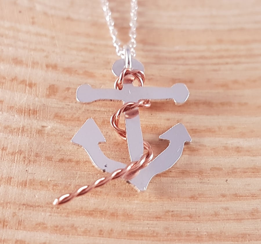 Sterling Silver and Copper Anchor and Rope Necklace